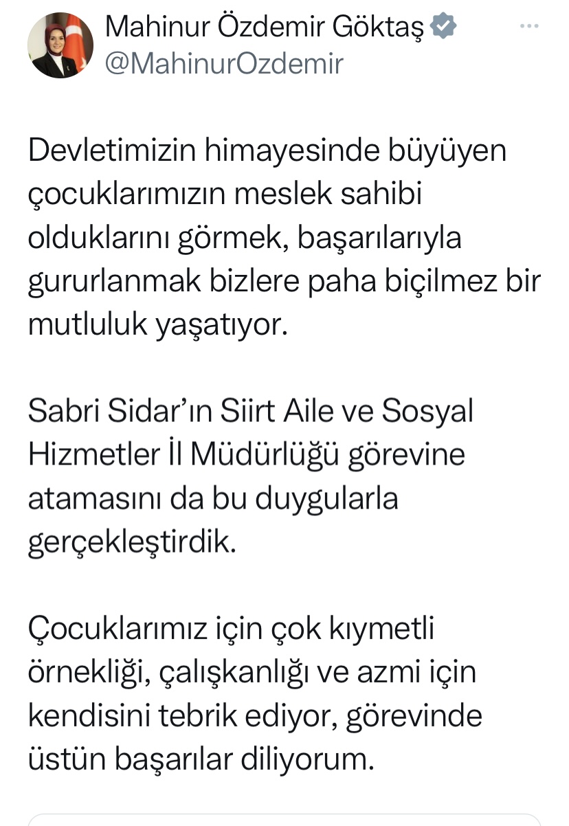 Aile Ve Sosyal Hizmetler Bakanı Mahinur Özdemir Göktaş, İl Müdürü Sabri Sidar’ı Tebrik Etti | Siirt Olay Haber